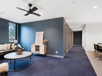 Modern interior of La Trobe University - North and South Apartments with lounge, dining area, and hallway.