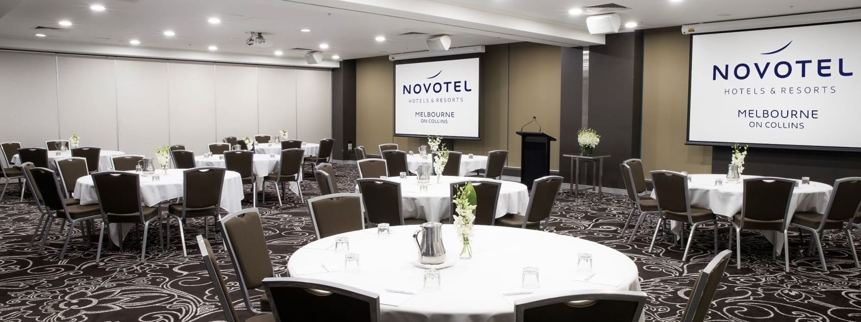 Banquet tables in Australian room 3 + 4 at Novotel Melbourne