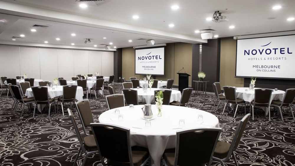 Banquet tables in Australian room 3 + 4 at Novotel Melbourne