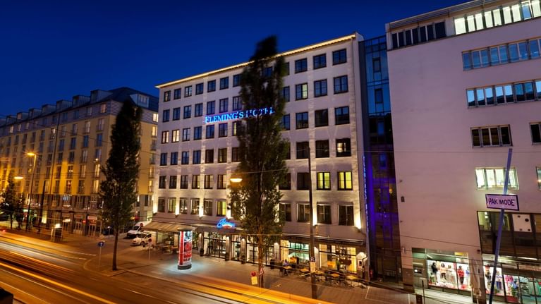 Exterior view of Flemings Hotel München City at night