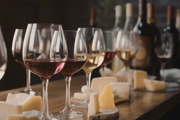 Wine glasses and bottles arranged alongside small slices of cheese for a wine tasting experience.