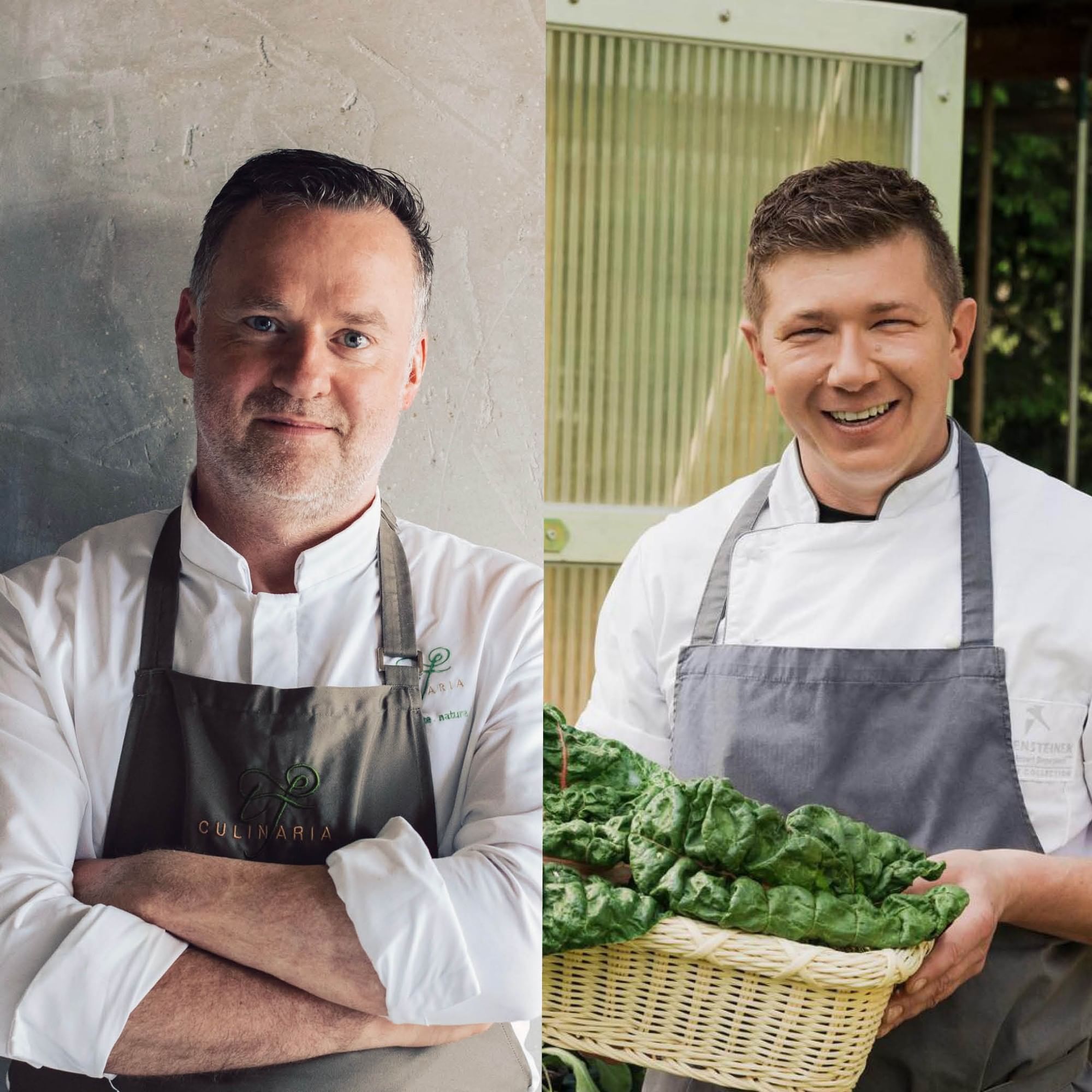 Due chef con grembiuli sorridono per la 4-Hands-Dinner.