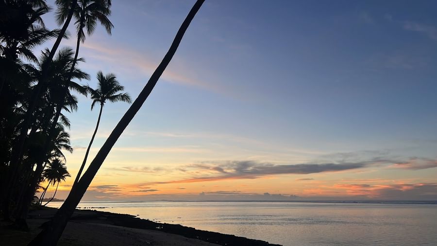 Sunset over ocean with palm trees silhouette at Tambua Sands Beach Resort Fiji.