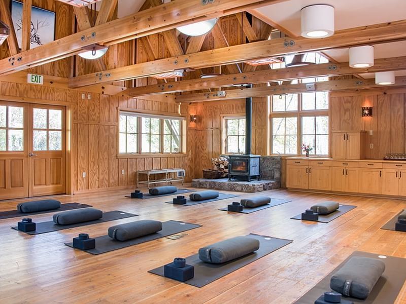 Interior of the yoga studio with accessories at Sleeping Lady