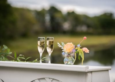Wedding table with flowers and glassware at Ogunquit River Inn