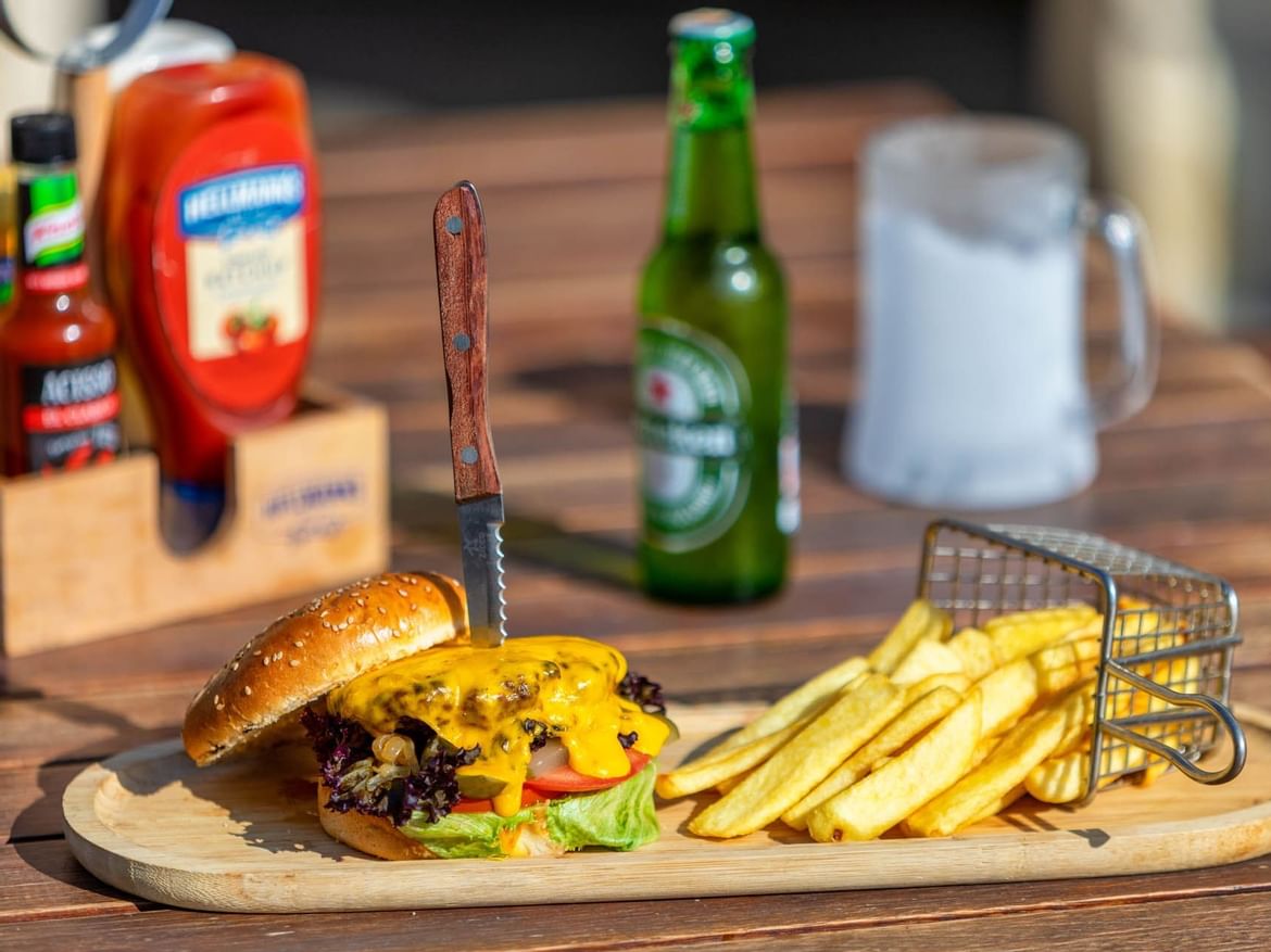 Closeup of Burger & chips served in Coco Bar at Senses hotel