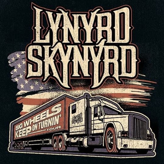 Lynyrd Skynyrd Logo with American flag and semi truck in background