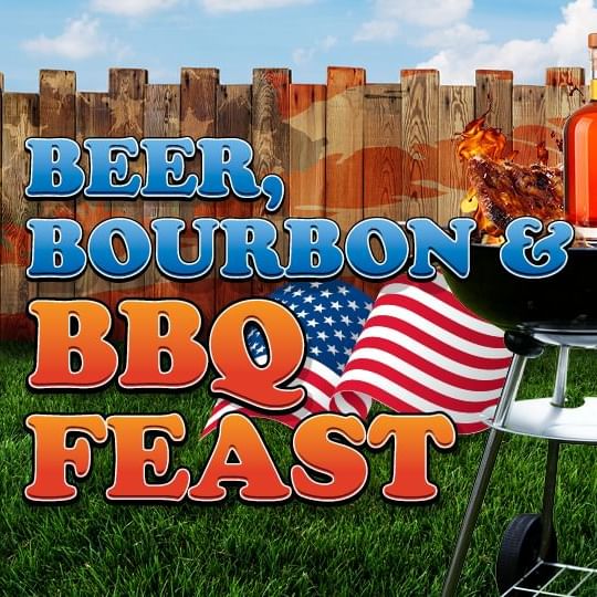 Beer, Bourbon and Barbecue Feast logo in backyard with grass and grill