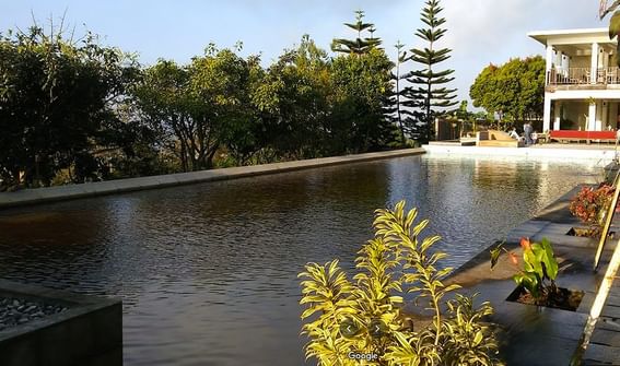 Kolam renang luar ruangan dengan tanaman hijau subur di LK Resort Bandungan Semarang