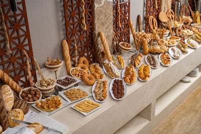 Close-up of breads in breakfast buffet Elaf Al Taqwa Hotel