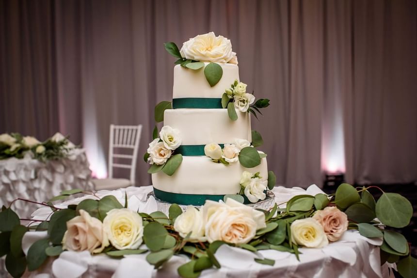 Close up of a wedding cake in the hall at UMass Lowell Inn
