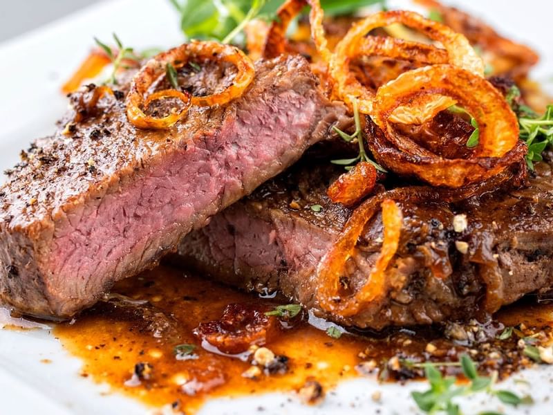 Close-up of Rump steak Beef dish served at Gamma Hotels