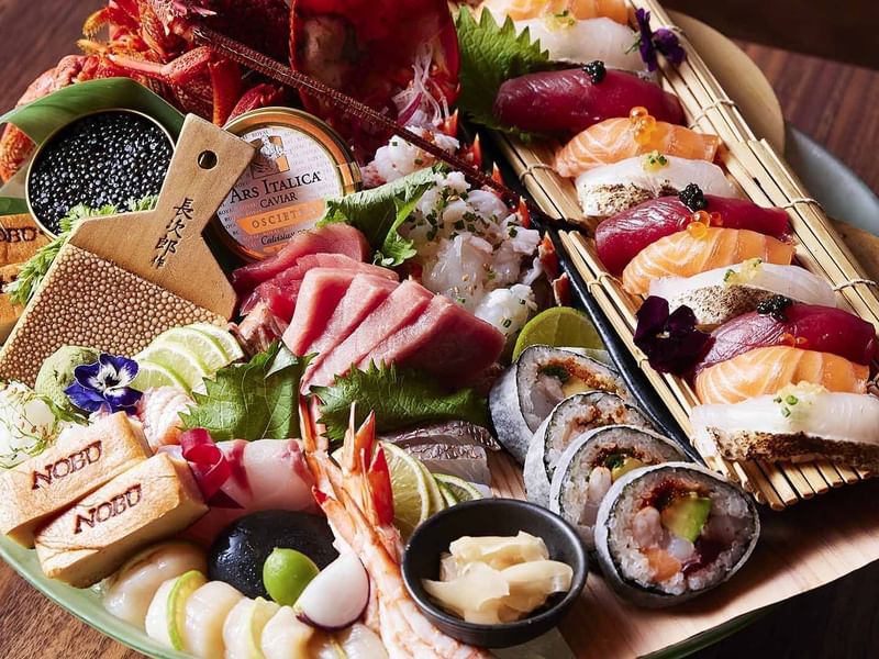 Assorted sushi and sashimi platter with caviar and lobster served in Nobu Restaurant at Crown Hotel Melbourne