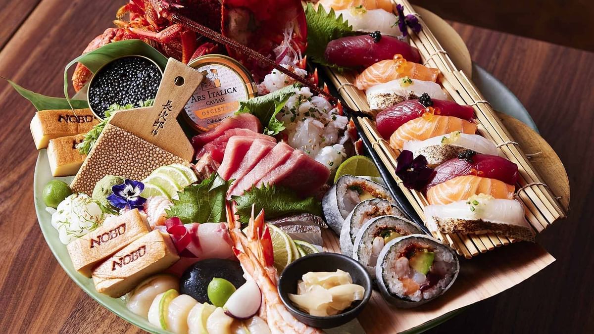 Assorted sushi and sashimi platter with caviar and lobster served in Nobu Restaurant at Crown Hotel Melbourne