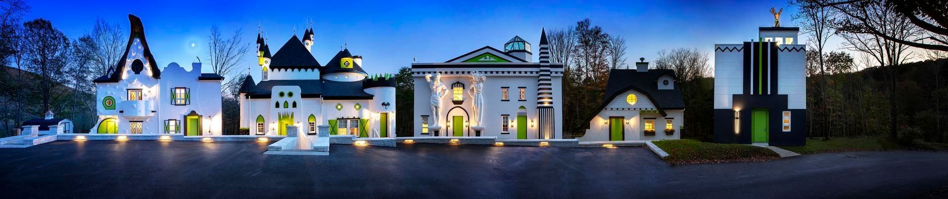 Stratton Falls Fantasy Cottages with bright doors and various architectural styles at The Roxbury