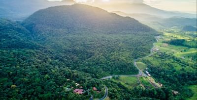 An aerial view of Forest & hills near the Rio Celeste Hideaway