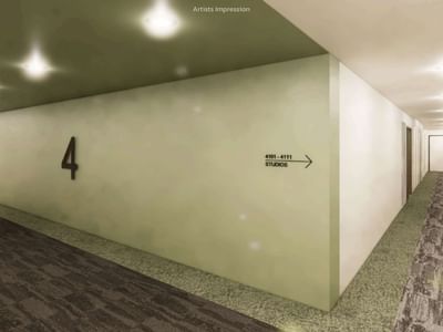 A rendered image of a hallway at UniLodge Brisbane City with a sign indicating room number 4.