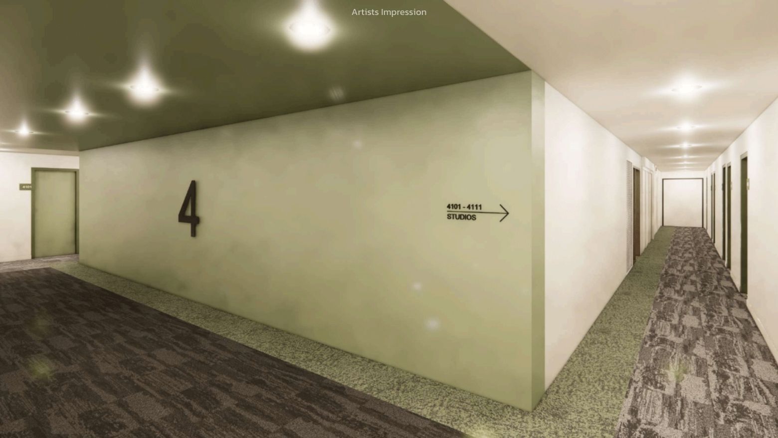 A rendered image of a hallway at UniLodge Brisbane City with a sign indicating room number 4.