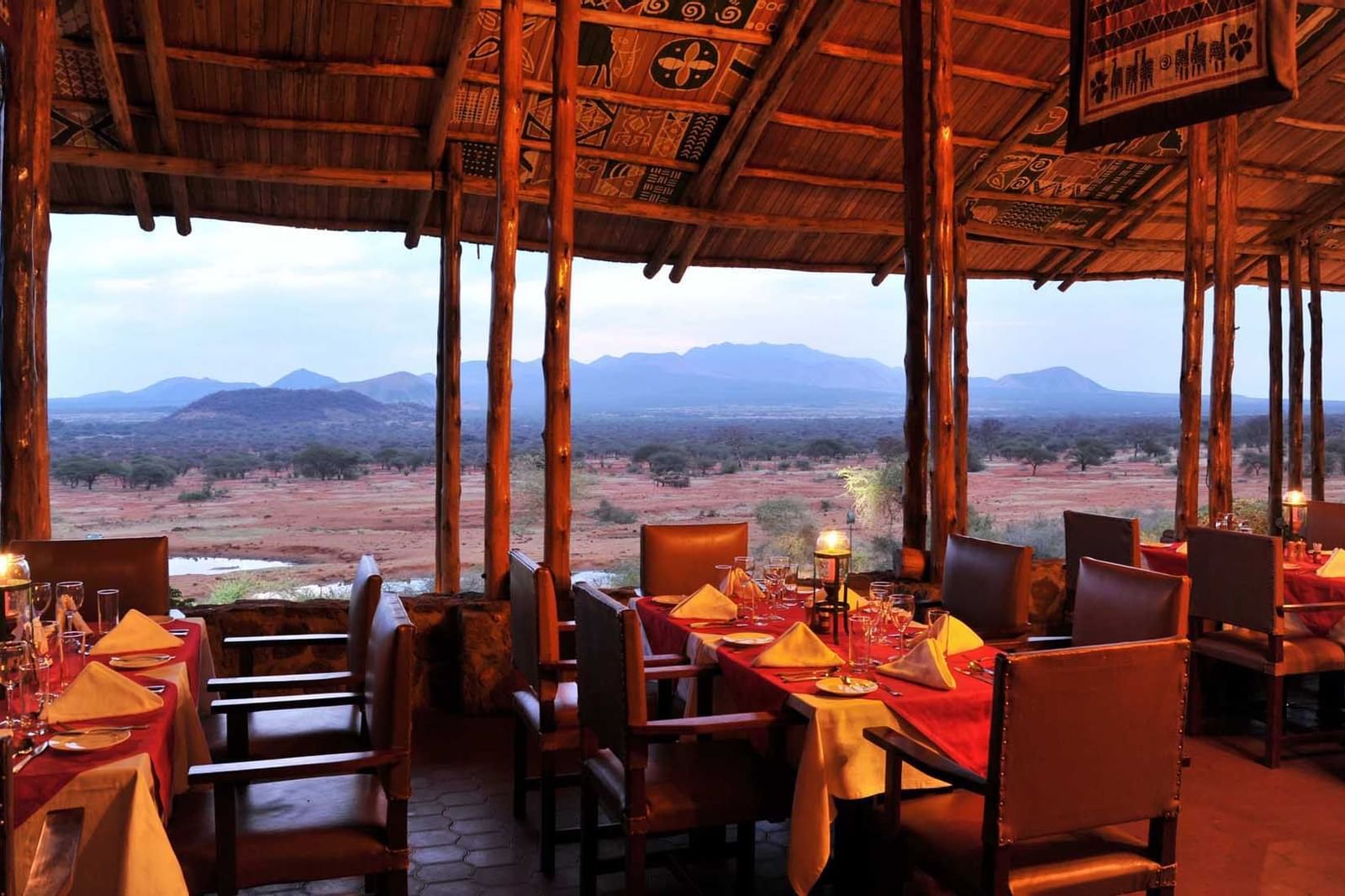 Dining area with a Chyulu Hills view at Hotel Kilaguni Serena
