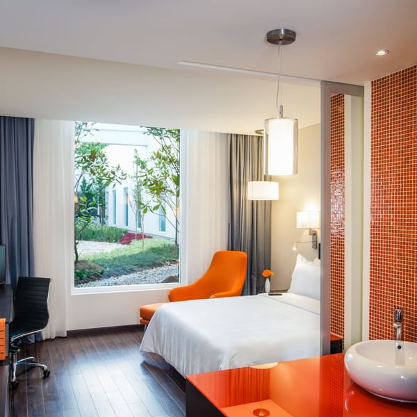 Interior of Superior Room with round sink bowl at Fiesta Inn
