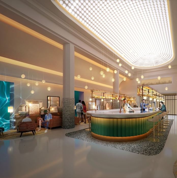Concept design of the lobby lounge area with a natural light ceiling fixture at Oceania Hotels