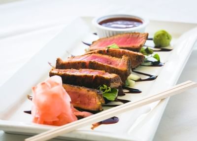 Close up of seared steak slices at Bay Club Hotel