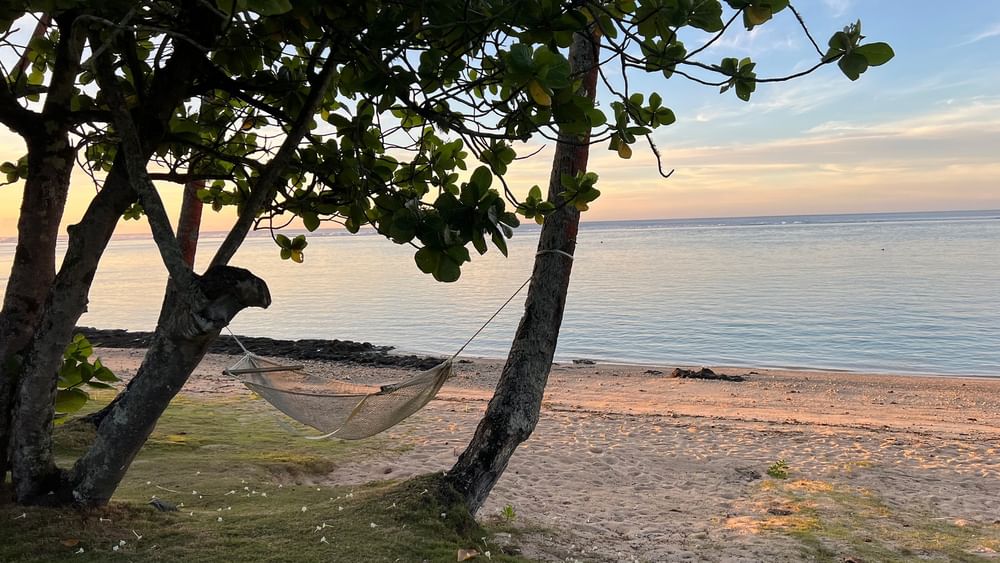 Hammock between trees on a sandy beach at Tambua Sands Beach Resort in Sigatoka.