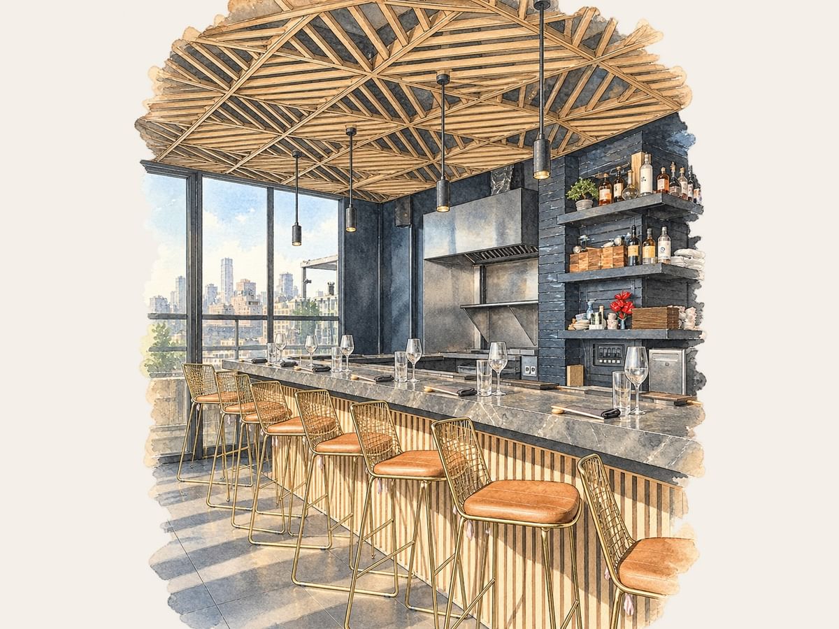 Saishin features a bar with geometric wooden ceiling, gold stools, and city views at Gansevoort Meatpacking NYC