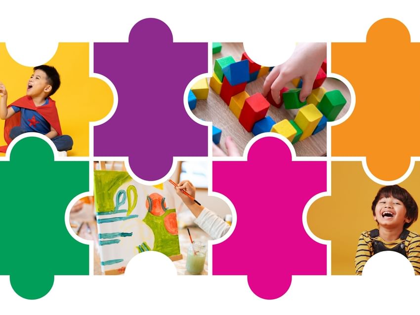A colorful puzzle collage showing children playing with blocks and painting at Camino Real Hotel