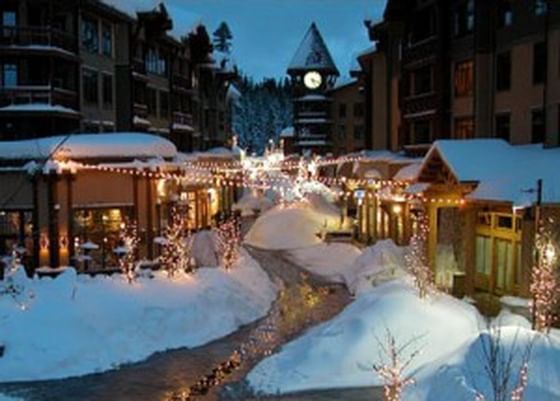 Mammoth village with Christmas decors near Alpenhof Lodge