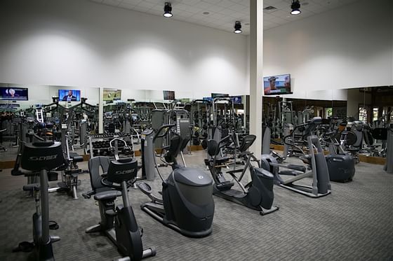 Hotel fitness room with dozens of workout stations