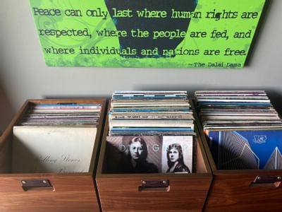 three bins full of records