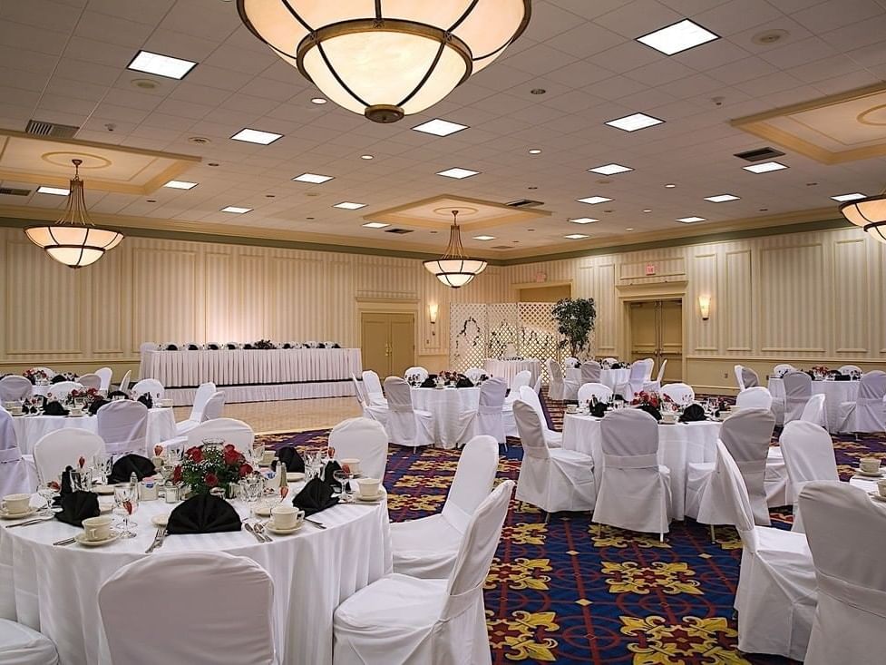 Banquet table set-up in Grand Ballroom at Boxboro Regency Hotel