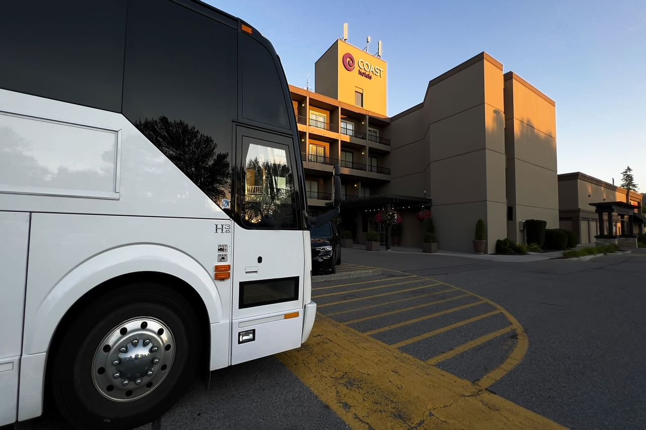 Bus parked outside hotel