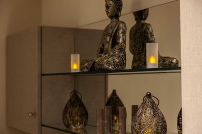 Close-up of a Buddha statue at Orsett Hall Hotel
