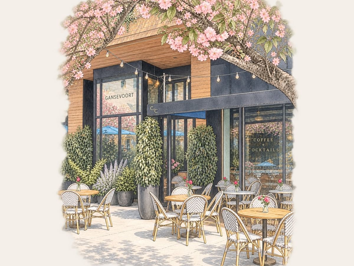 Charming outdoor patio with bistro tables and pink flowering trees at Gansevoort Meatpacking NYC in New York