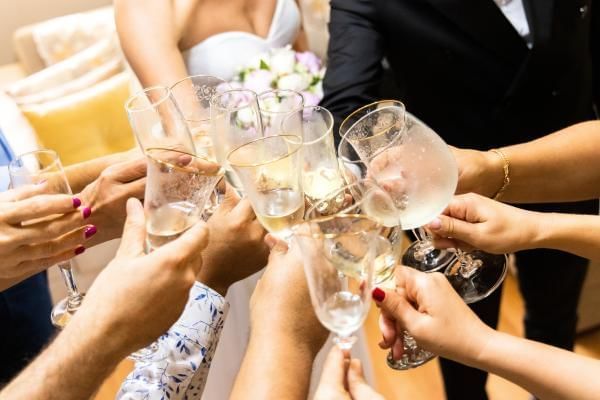 Bride, groom and wedding guests cheersing