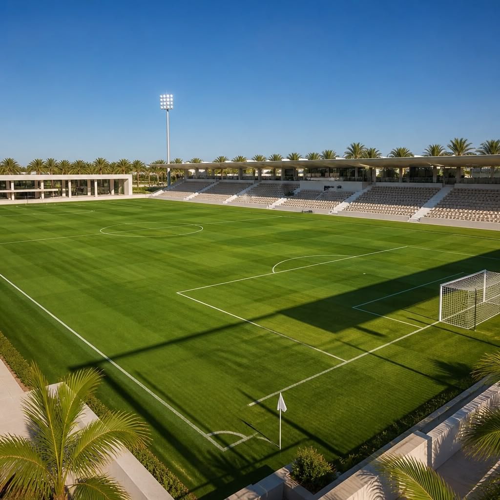 A full-size football pitch under floodlights, framed by palm trees and shaded grandstands