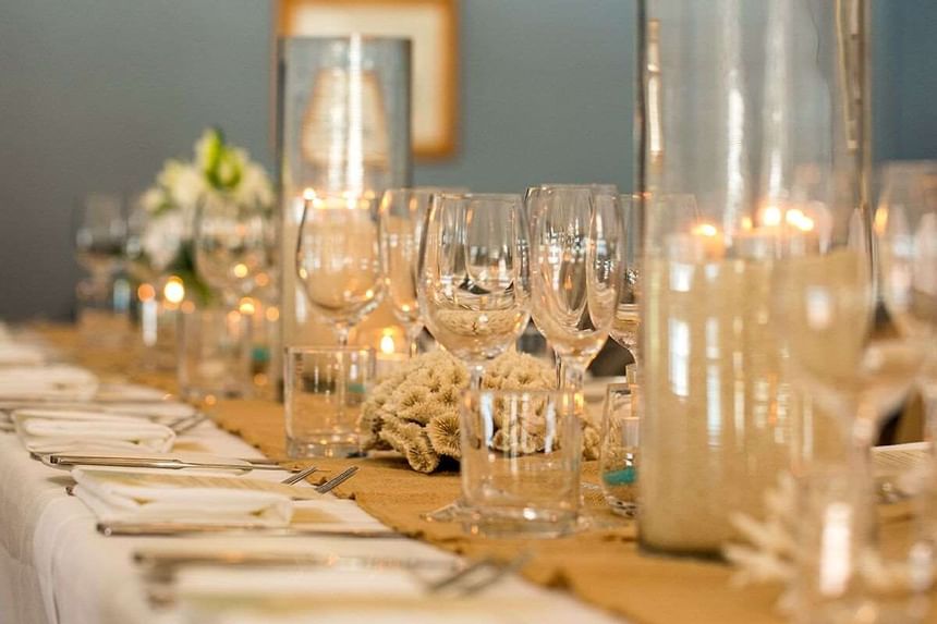 Closeup of glassware on a banquet table at Heron Island Resort