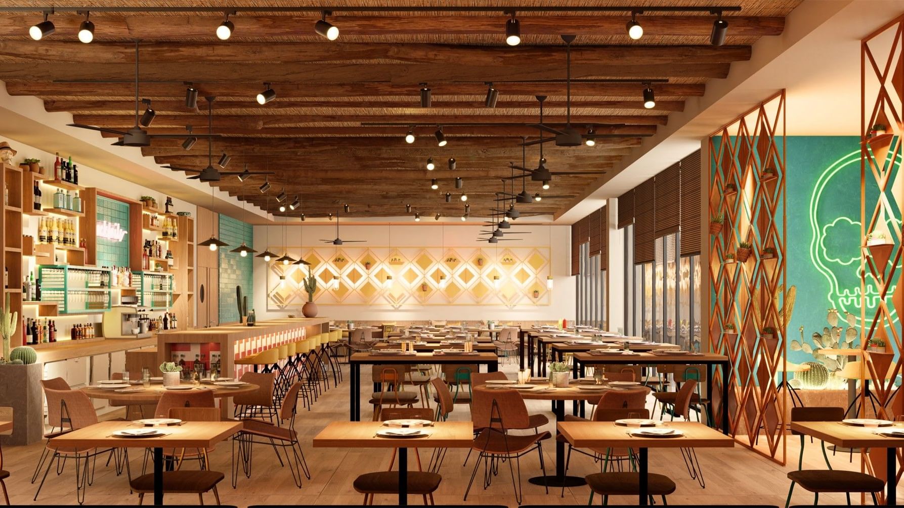 Comedor brillante Amaranto en Fiesta Americana Funeeq Punta Cana con techos de madera y muebles contemporáneos