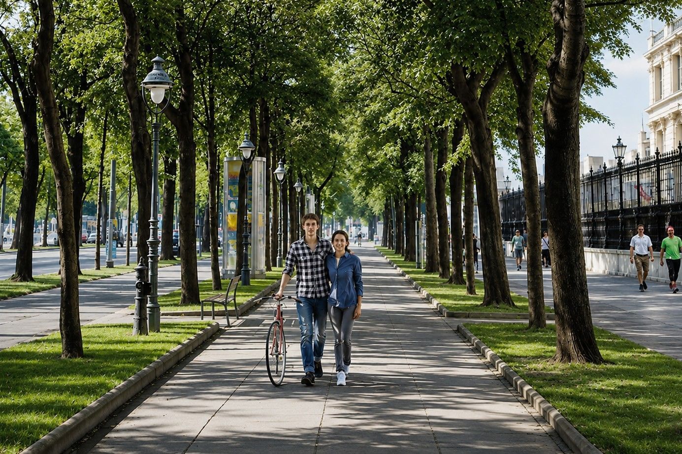 Wide Vienna avenue with shady trees, pedestrians and relaxed atmosphere surrounded by greenery