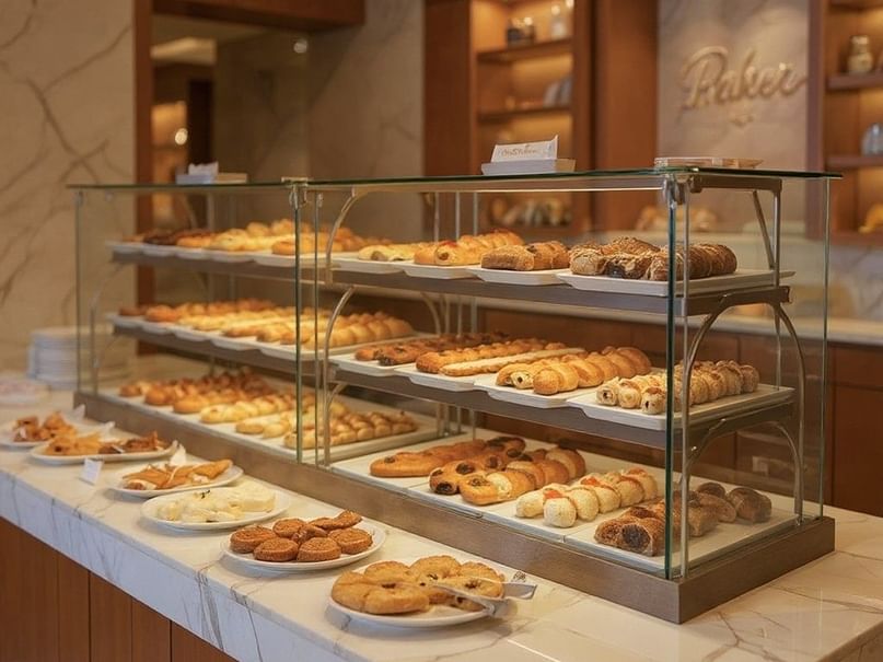 Eine elegante Bäckerei mit Glasvitrinen, gefüllt mit verschiedenen Gebäcksorten und Croissants.