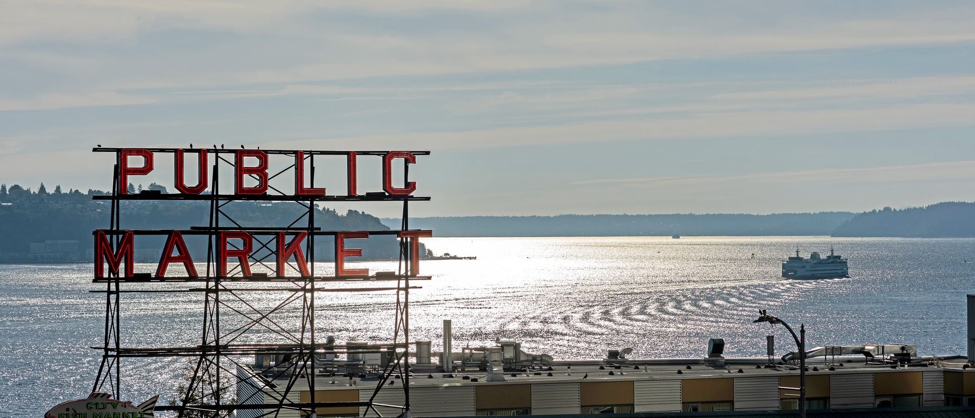 Elevated view of a city with the Public Market sign at Warwick Corporate.
