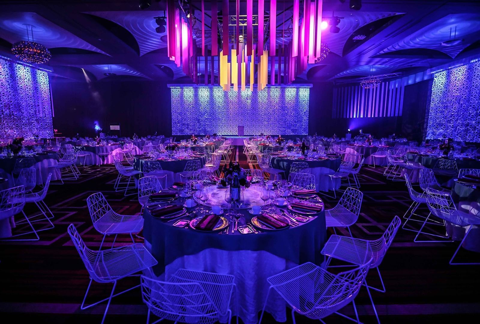 Wedding hall with blue lights at Crown Hotel Melbourne
