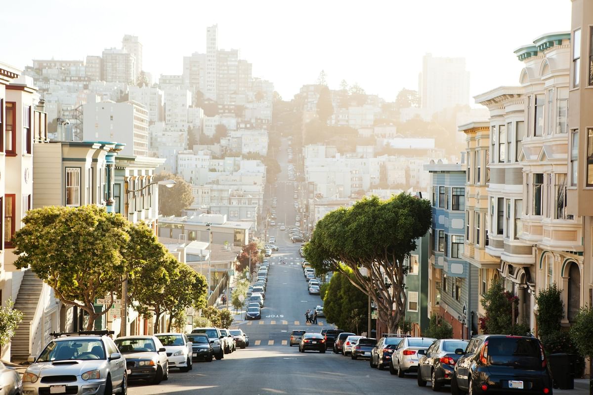Cars parked by a steep street under a row of Victorian houses and leafy trees near Warwick San Francisco