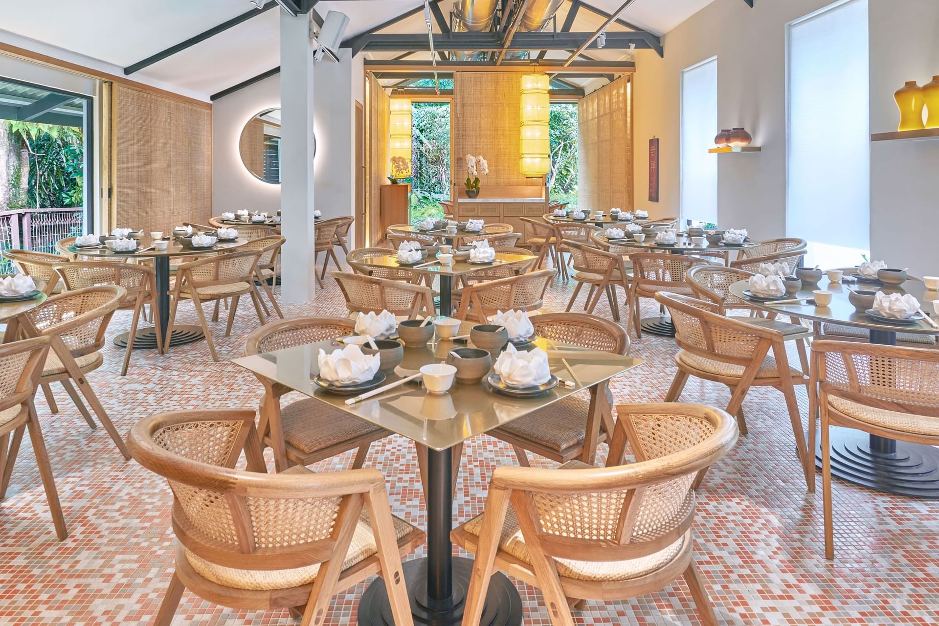 Image 9: Wooded interior with Well-arranged dining tables in Min Jiang by Dempsey at Goodwood Park Hotel