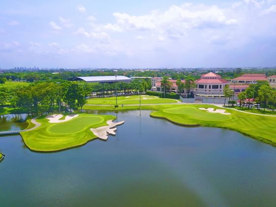 Aerial view of country club golf court & hotel at Eastin Thana City Golf Resort Bangkok