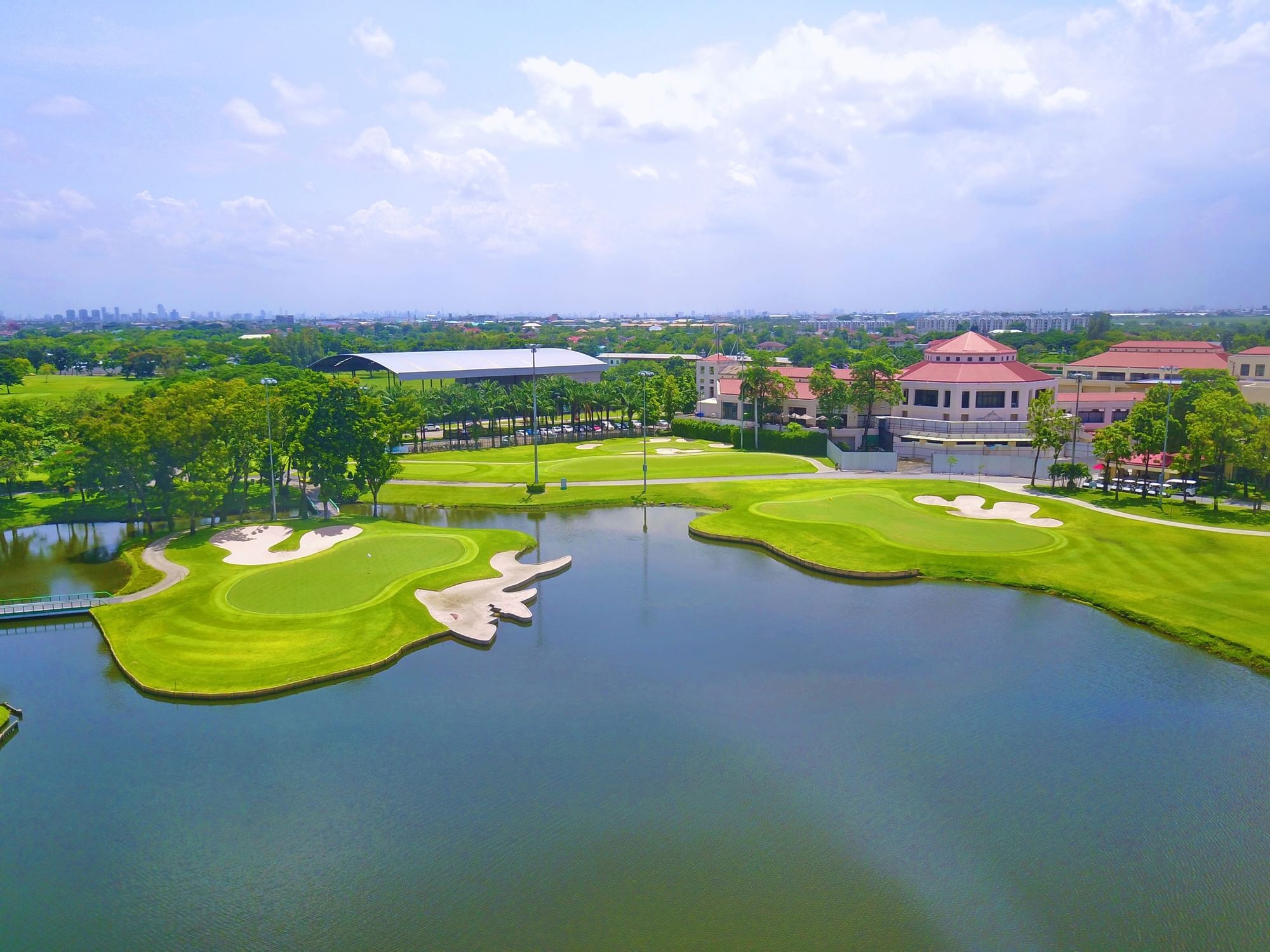 Aerial view of the country club golf court & hotel at Eastin Thana City Golf Resort Bangkok