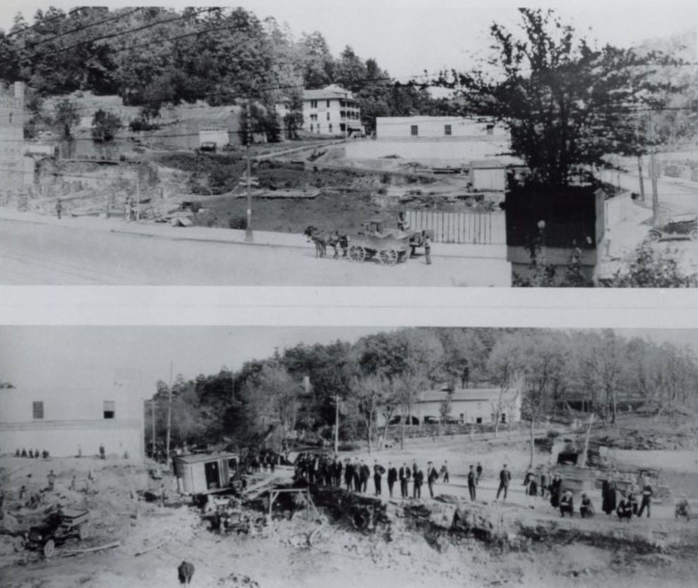 Vintage scene of Arlington Resort Hotel & Spa under construction by a horse carriage and workers in a field