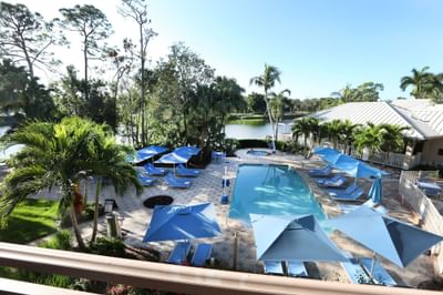 Sunbeds lined by the outdoor pool area at Trianon Bonita Bay